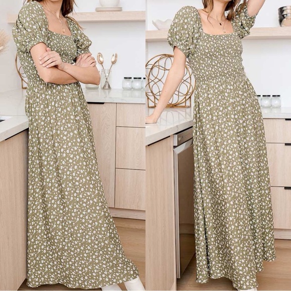 Lulus Dresses & Skirts - NWT Lulus ‘Strolls With You’ Olive Green Floral Print Puff Sleeve Maxi Dress 3X